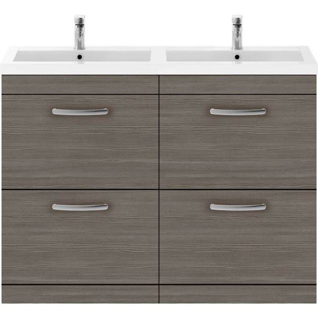 Nuie Athena Woodgrain 4 Drawer Vanity Unit and Double Polymarble Basins | Anthracite | MDF | 1200mm