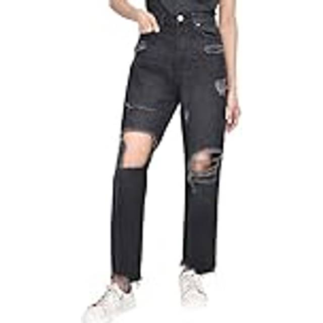 Casual Style High-Waisted Torn Hem Rip Mom Jeans - Black - 14
