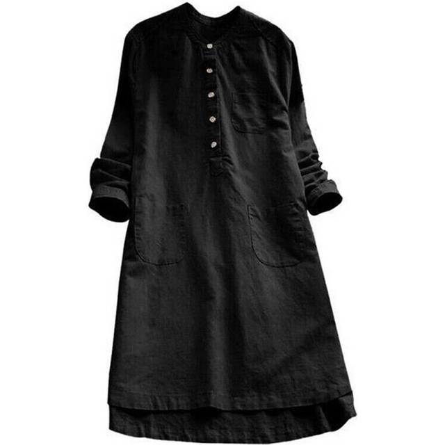(Black, S) Womens Long Sleeve Collared Cotton Linen Pullover Dress Ladies Solid Shift Dress