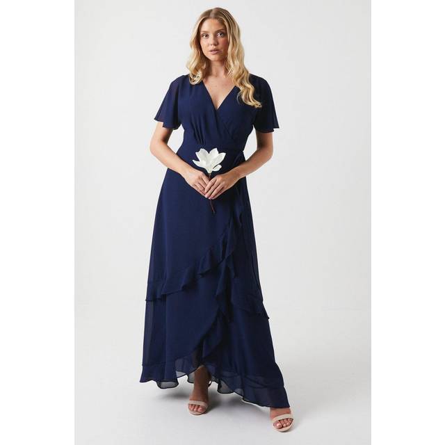 Oasis Womens Kimono Sleeve Ruffle Chiffon Maxi Bridesmaids Dress - Navy - Size 10 UK