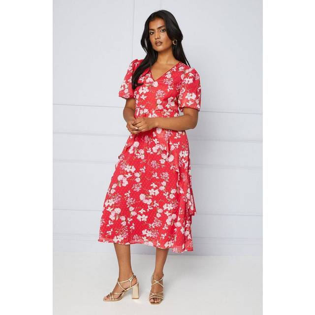 Oasis Womens Floral Dobby Lace Trim Ruffle Midi Dress - Red - Size 10 UK
