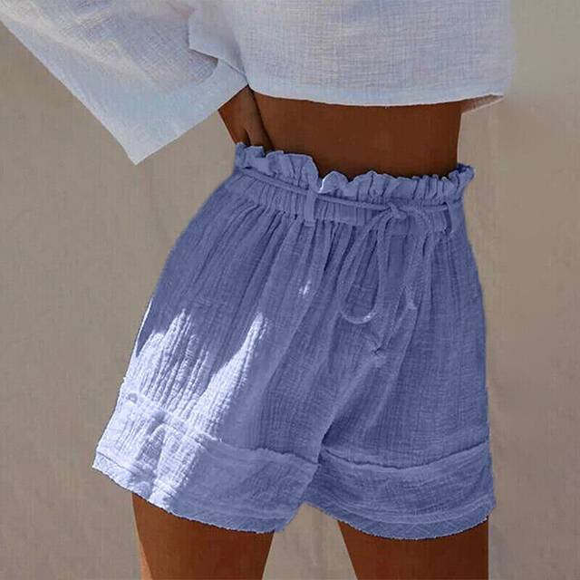 (Blue, XXL = UK Size 16) Womens Elastic Waist Cotton Linen Mini Shorts Ladies Wide Leg Short Pants Bottom