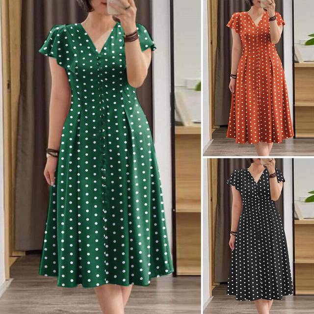 Womens formal work v neck flare midi dresses polka dot cocktail party long dress