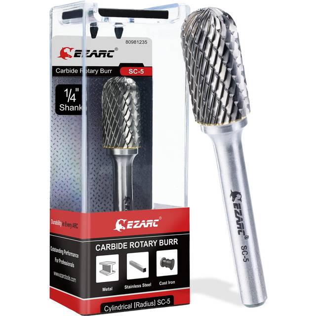 "Tungsten Carbide Rotary Burr Bit, SC-5 Double Cut Carbide Burr 1/4"" Shank Die Grinder Cutting Burrs Bit for Metal Working & Sturdy Storage Case"