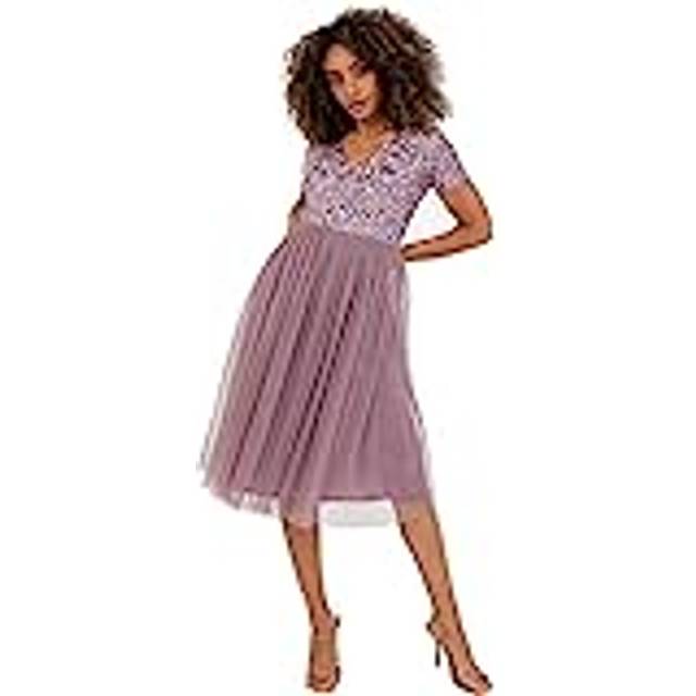 Short Sleeve V Neck Embellished Midi Dress - Lilac - 28