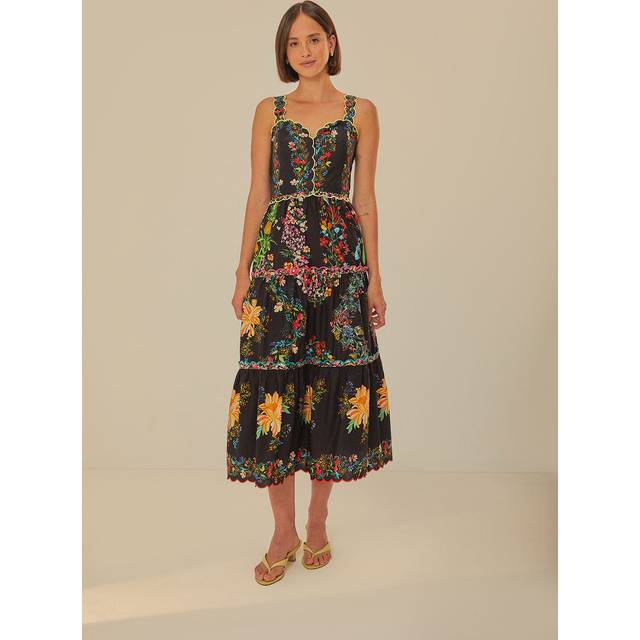 Black Delicate Forest Scarves Organic Cotton Maxi Dress, DELICATE FOREST SCARVES BLACK / L