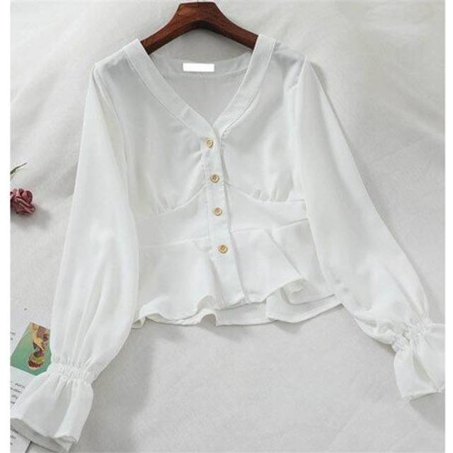 (One size, khaki) 2019 New Spring Women Long Sleeve Blouse Sexy V-Neck Chiffon Shirts Female Sweet Ruffles Blouses Leopard Shirt Short Tops AB1374