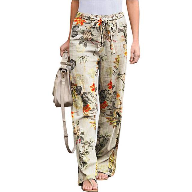 (Orange, Tag Size 2XL=UK Size 14) Women's Drawstring Cotton Linen Long Pants Ladies Floral Palazzo Casual Trousers