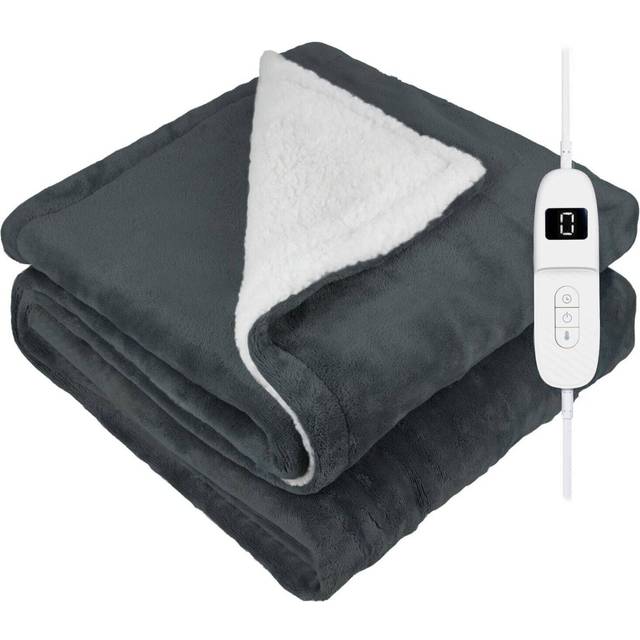 Heated Electric Blanket Throw Fleece Sherpa 9 Heat & Timer Settings 120x160cm Machine Washable - Dark Grey - 120cm x 150cm