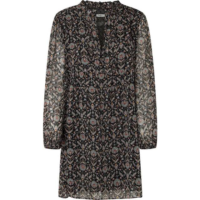 Printed Grandad Collar Dress with Long Voile Sleeves - Black - XS