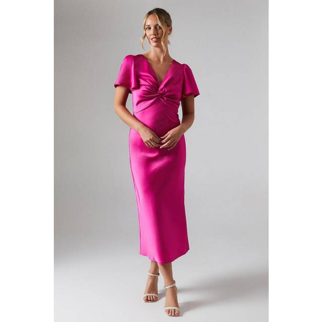 Oasis Womens Satin Twist Front Angel Sleeve Midi Bridesmaids Dress - Light Pink - Size 6 UK