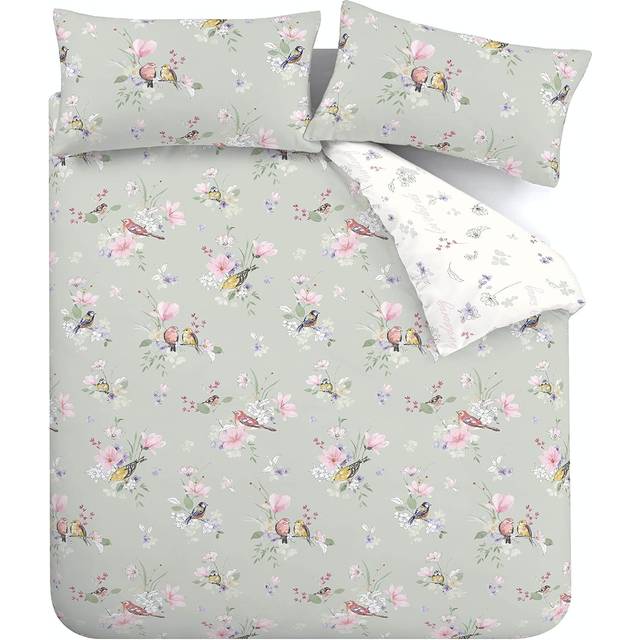 Songbird Floral Reversible Duvet Cover Set with Pillowcases - Sage (Double Duvet Cover + 2 Standard Pillowcases)