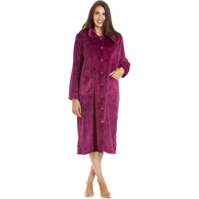 Camille women's navy rose embossed button up housecoat cosy ladies loungewear