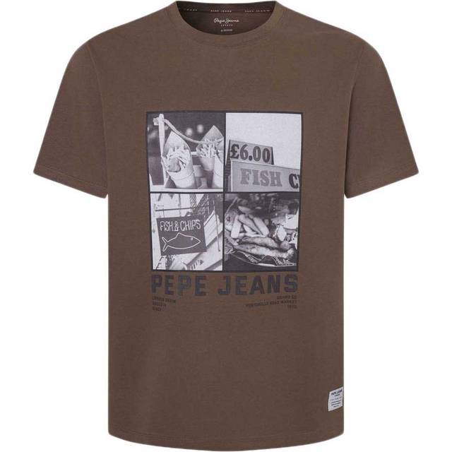 Pepe Jeans, Topp, Herr, M, Bomull, Fish&Chips Fotografiskt Tryck T-shirt - brown (M)