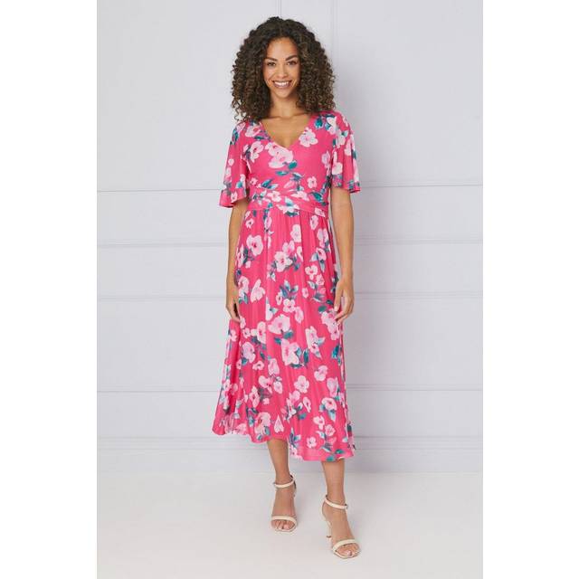 Womens Floral Mesh Wrap Waist Midi Dress - Raspberry - 14