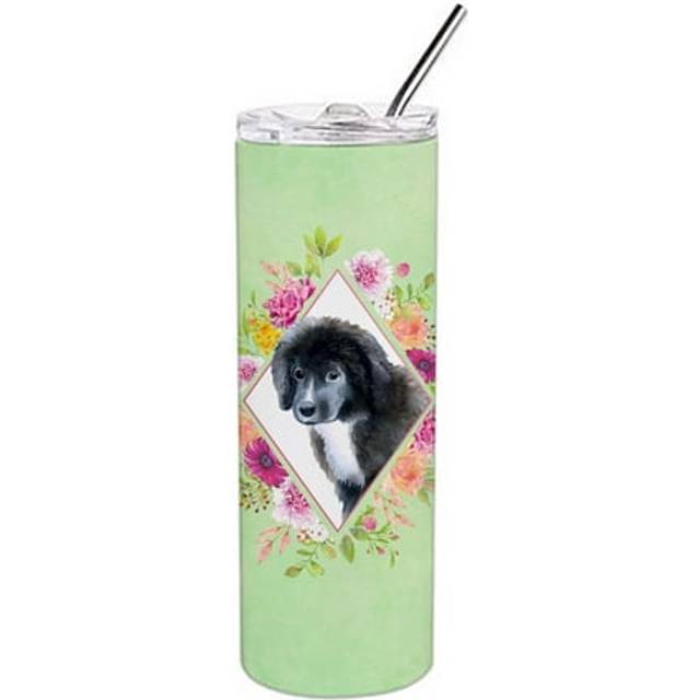 Caroline's Treasures Newfoundland Puppy Green Flowers Double Walled Stainless Steel 20 oz Skinny travel-insulated-tumblers  Multicolor