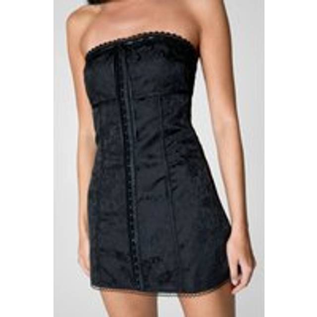 Womens Satin Jacquard Ribbon Trim Mini Dress - Black - 10