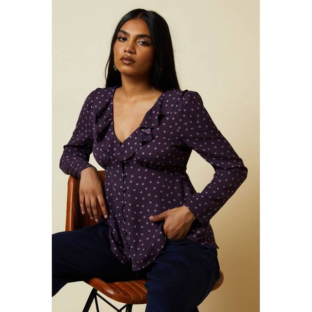Womens Petite Berry Spot Ruffle Neck Long Sleeve Button Front Tea Blouse - 14