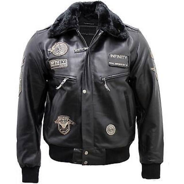 Mens black real leather bomber design pilot jacket removable fur collar