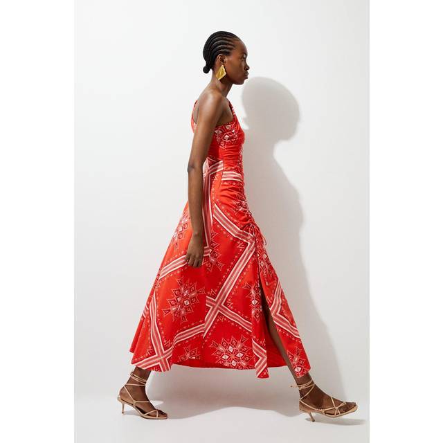 Printed Cotton Voile One Shoulder Midi Dress - Red
