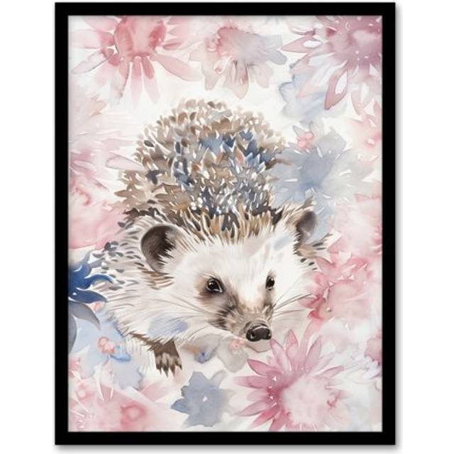 Watercolour Hedgehog and Flowers Pink Pastel Framed Art Print - W12 inch x H16 inch