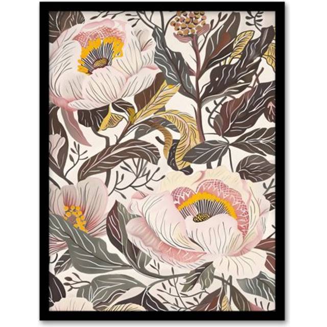 Blooming Pink Peonies Elegant Floral Design Framed Art Print - Green - W12 inch x H16 inch