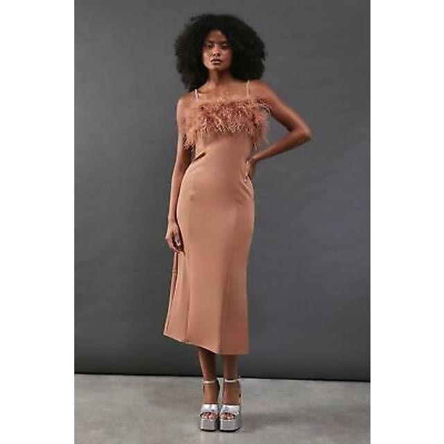 Warehouse Womens Feather Detail Diamante Strap Bandeau Midi Dress - Tan - Size 12 UK