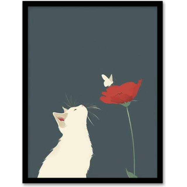 White Kitten with Rose Butterfly Artwork Cute Framed Art Print - Grey - A4
