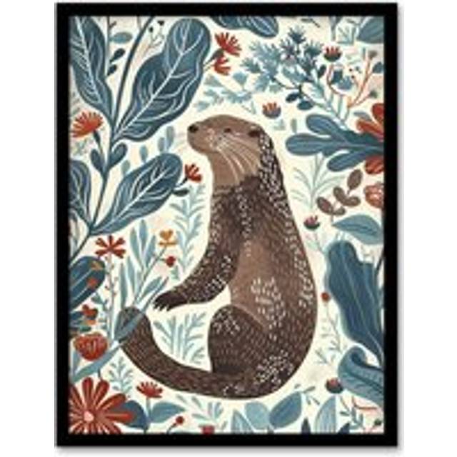 Cute Scandi Rustic Otter Botanical Flowers Framed Art Print - Blue - A4