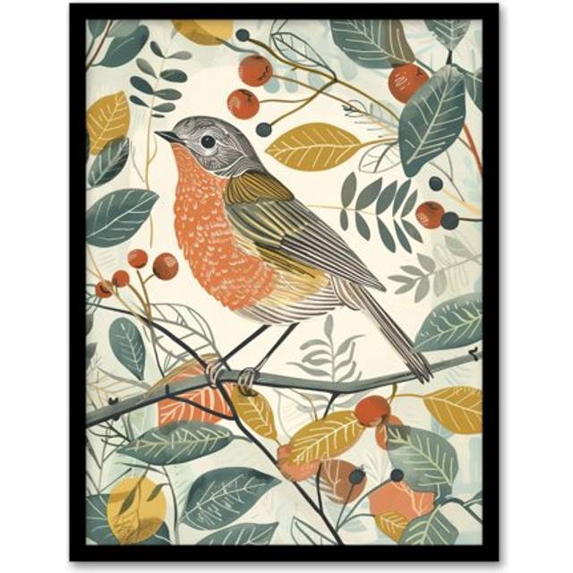 Robin Bird Garden Shrub Leaves Bright Painting Framed Art Print - Multi - W12 inch x H16 inch
