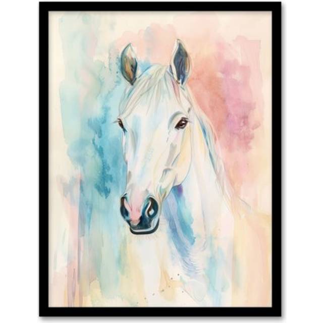 Pastel Watercolour White Horse Head Portrait Wall Art Print - Multi - W12 inch x H16 inch