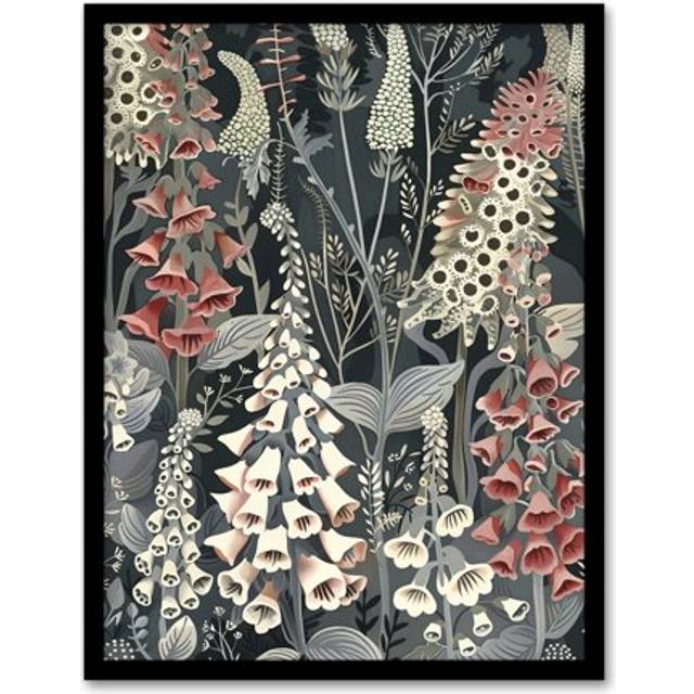 Dark Foxglove Forest Flowers Artwork Grey Floral Framed Art Print - Blue - W12 inch x H16 inch