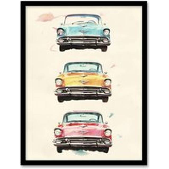 3 Three Classic Vintage Cars Watercolour Modern Framed Art Print - Beige - W12 inch x H16 inch