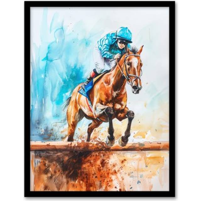 Horse Jockey Jump Hurdles Obstacle Watercolour Framed Art Print - Blue - W12 inch x H16 inch