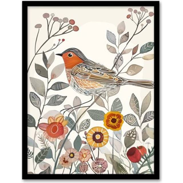 Robin Bird Garden Flowers Bright Folk Art Framed Art Print - Multi - W12 inch x H16 inch