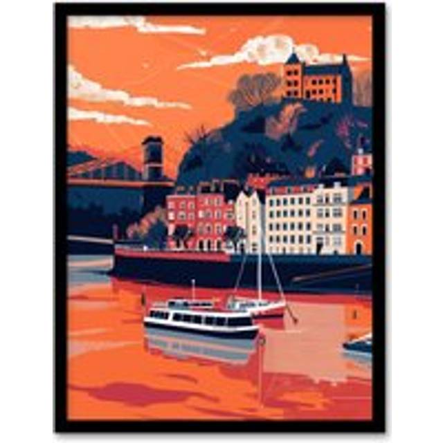 Bristol Harbour Canal Boats Sunset Artwork Castle Framed Art Print - Orange - A4