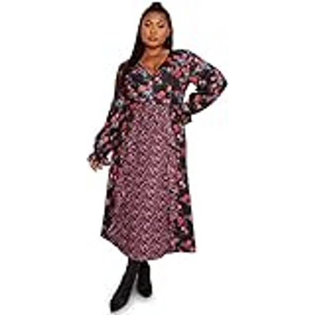 Plus Size Long Sleeve Plunge Floral Printed Midi Dress in Black - 22