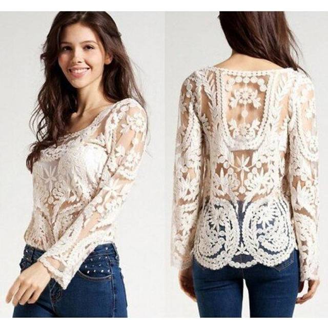 (L, Black) Blusas Femininas 2016 Women Embroidery Crochet Lace Long Sleeve Hollow Blouses Casual Solid O-Neck Blouse Shirt  Tops