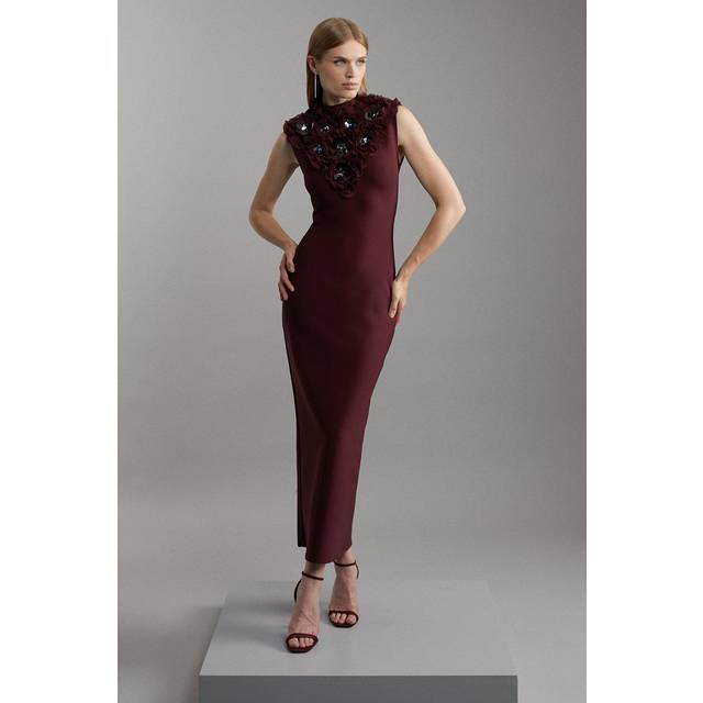 Figure Form Bandage Embellished Neck Maxi Column Dress - Red