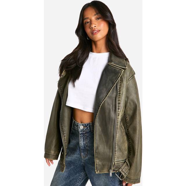 Womens Petite Oversized Vintage Faux Leather Biker Jacket - Grey - 16