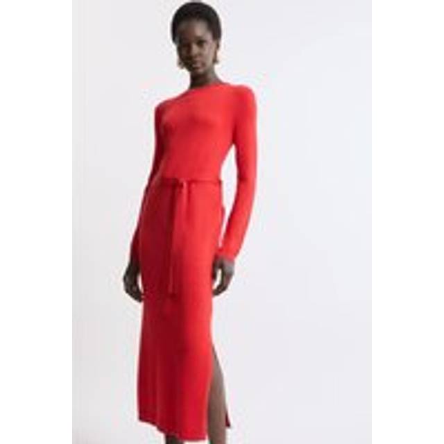 Viscose Blend Belted Knitted Midi Dress - Red
