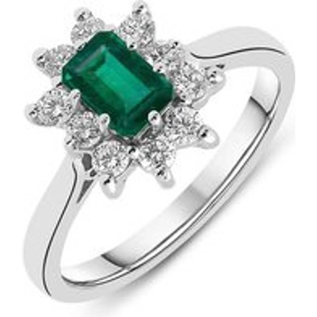 18ct White Gold Emerald Diamond Baguette Cut Cluster Ring - White Gold