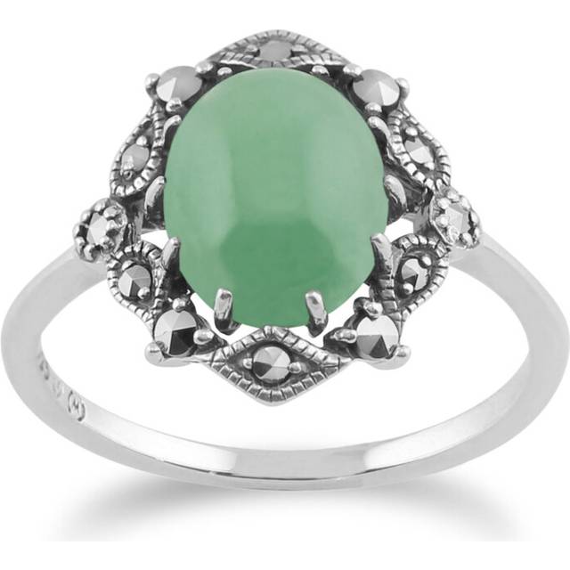 Art Nouveau Style Oval Green Jade Cabochon & Marcasite Statement Ring