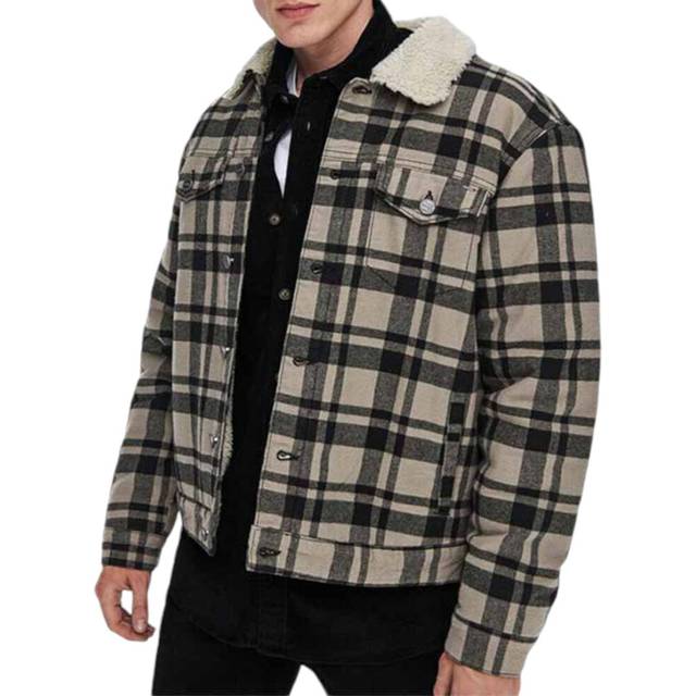 (Beige, L) Mens Winter Jacket Fleece Lumberjack Check Shirt