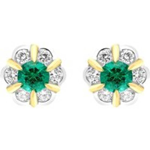 18ct White Yellow Gold 0.18ct Emerald 0.28ct Diamond Cluster Stud Earrings