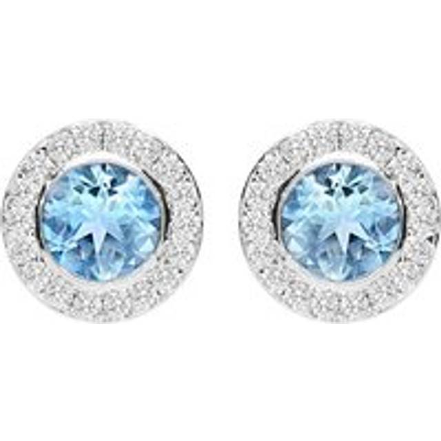18ct White Gold Aquamarine Diamond Pave Round Stud Earrings - Option1 Value White Gold
