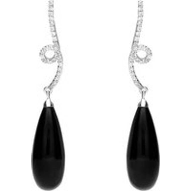 18ct White Gold Whitby Jet and Diamond Swirl Top Drop Earrings - White Gold