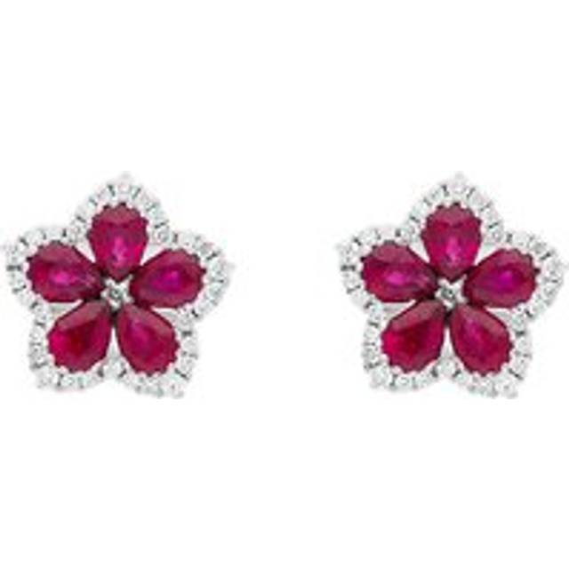 18ct White Gold Ruby Diamond Pear Cluster Flower Stud Earrings - White Gold