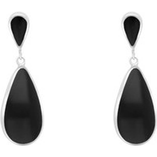 Sterling Silver Whitby Jet Pear Shaped Drop Earrings - Silver