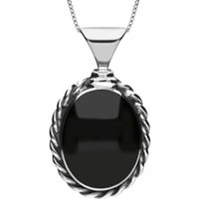 Sterling Silver Whitby Jet Large Oval Rope Edge Necklace - Option1 Value Silver